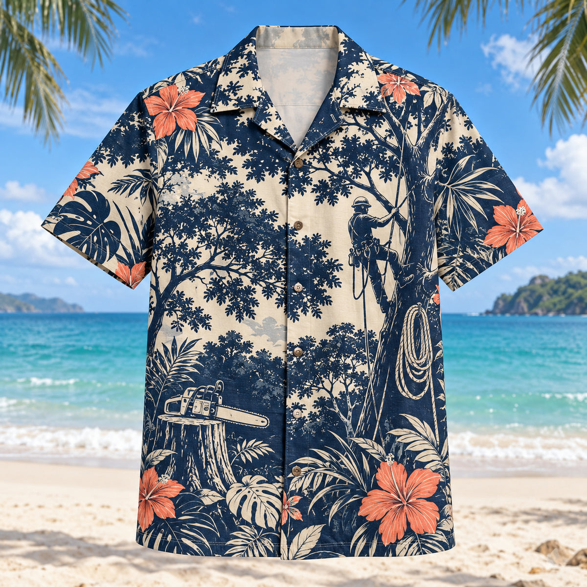 Front view of Tree Canopy Arborist Hawaiian Shirt with original tree canopy motifs, with tropical botanical accents; no text or branded equipment