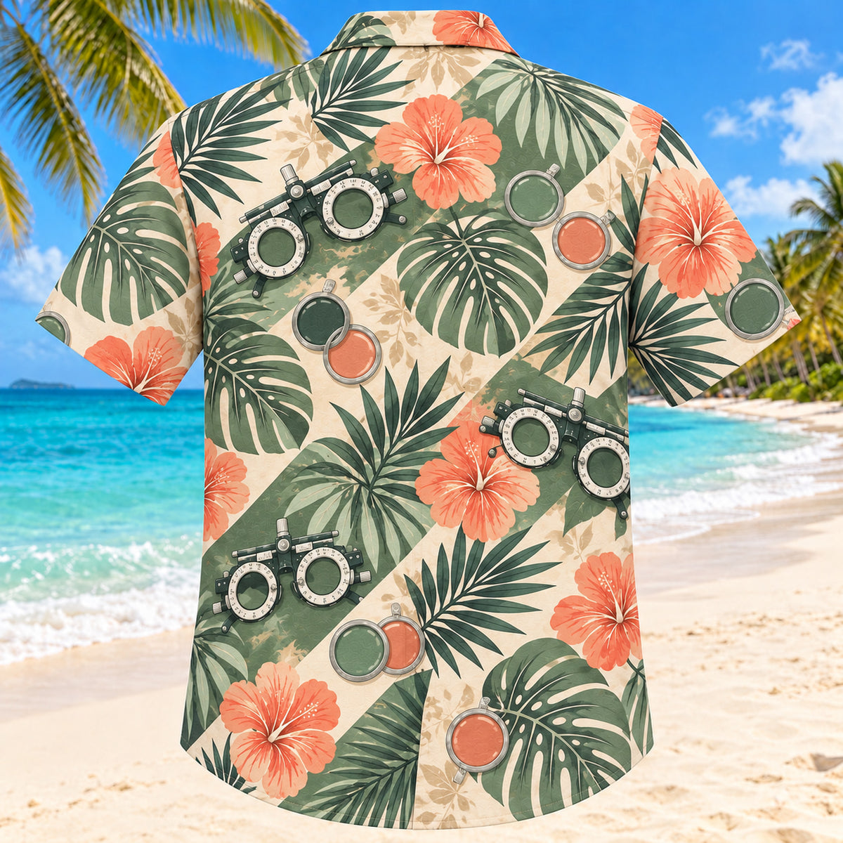 Back view of Trial Lens Garden Sage Optometrist Hawaiian Shirt with matching artwork in sage, sand, coral