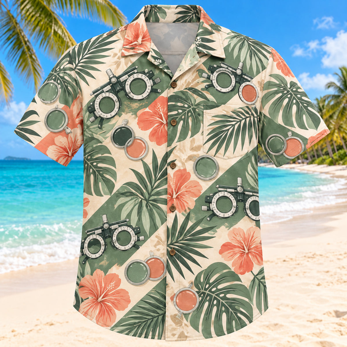 Front view of Trial Lens Garden Sage Optometrist Hawaiian Shirt with original generic trial lenses and tropical leaves in a relaxed botanical clusters