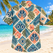 Back view of Trial Lens Garden Sunset Optometrist Hawaiian Shirt with matching artwork in sunset peach, sea blue, olive