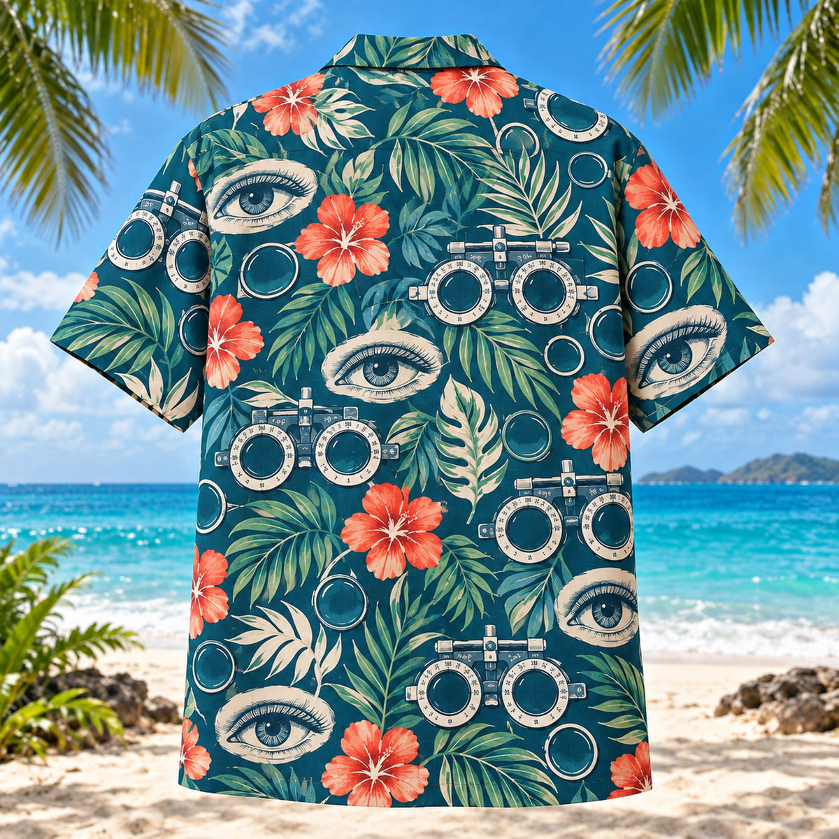 Back view of Trial Lens Garden Teal Optometrist Hawaiian Shirt with continuous seamless back panel
