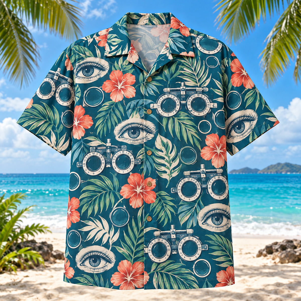 Front view of Trial Lens Garden Teal Optometrist Hawaiian Shirt with original generic trial lenses and tropical leaves in a airy diagonal repeat