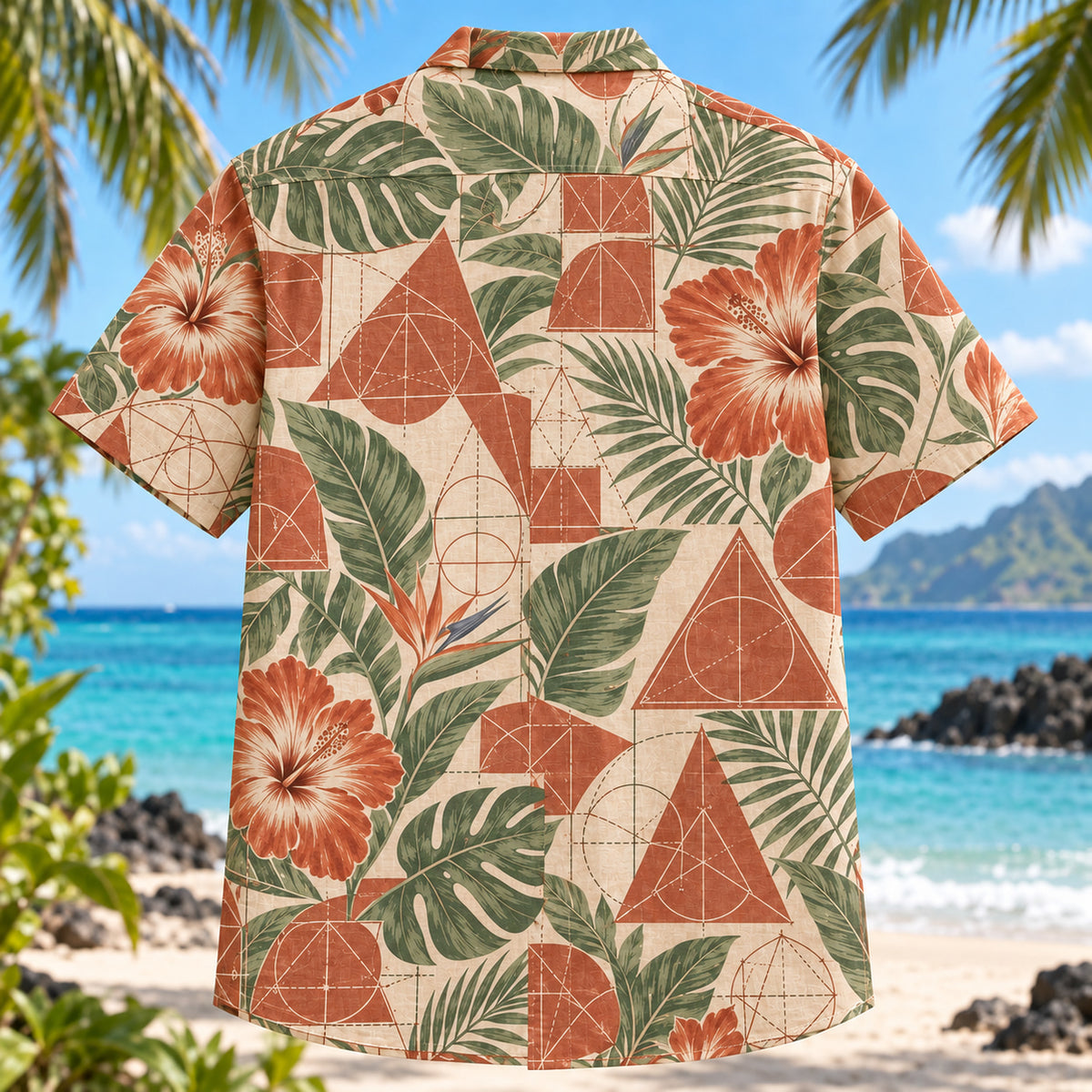 Back view of Triangle Study Mathematics Hawaiian Shirt with matching artwork in terracotta, sage, ivory