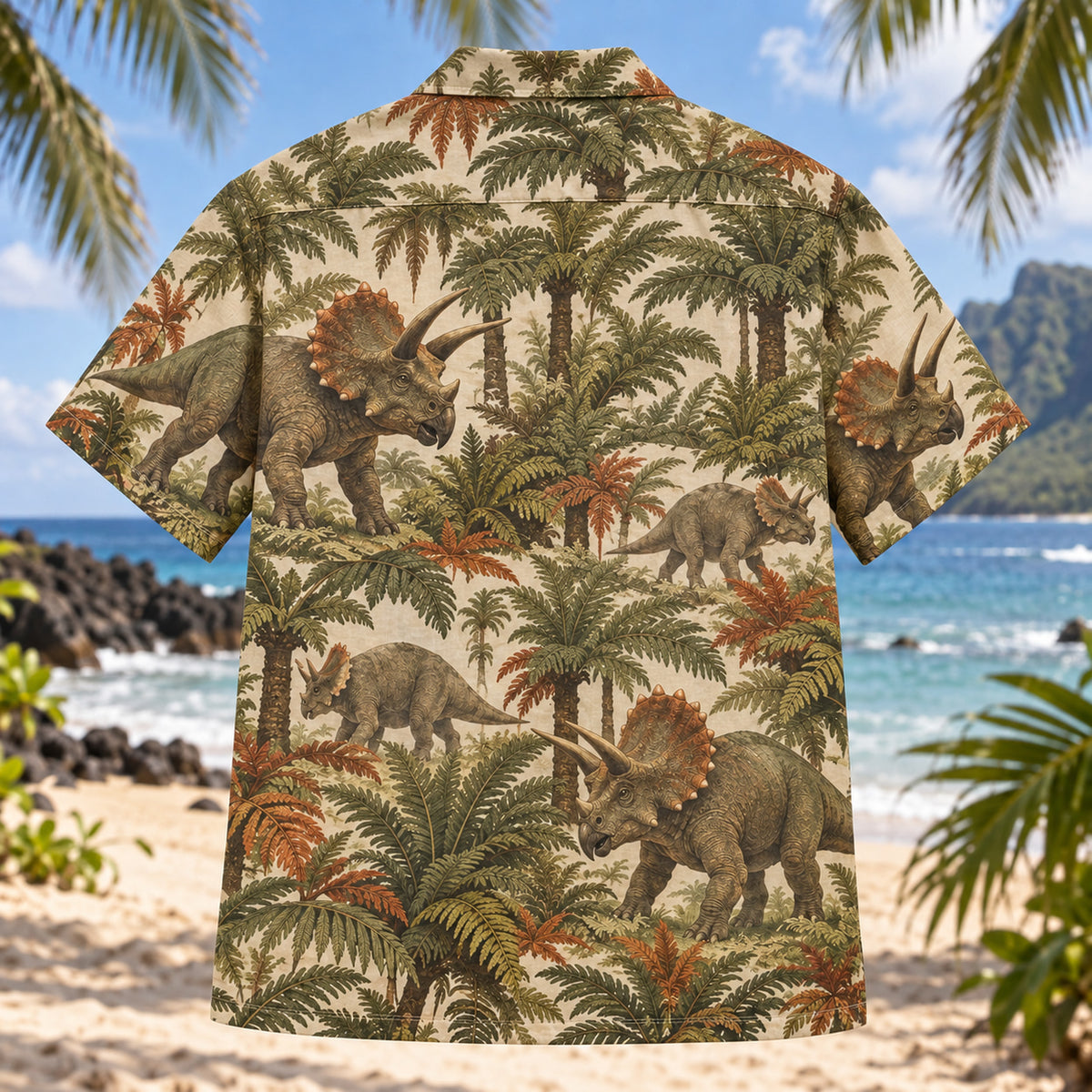 Back view of Triceratops Fern Dinosaur Hawaiian Shirt with matching artwork in olive, cream, rust