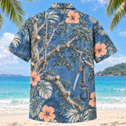 Back view of Trimmed Bough Arborist Hawaiian Shirt with matching artwork in denim, peach, ivory