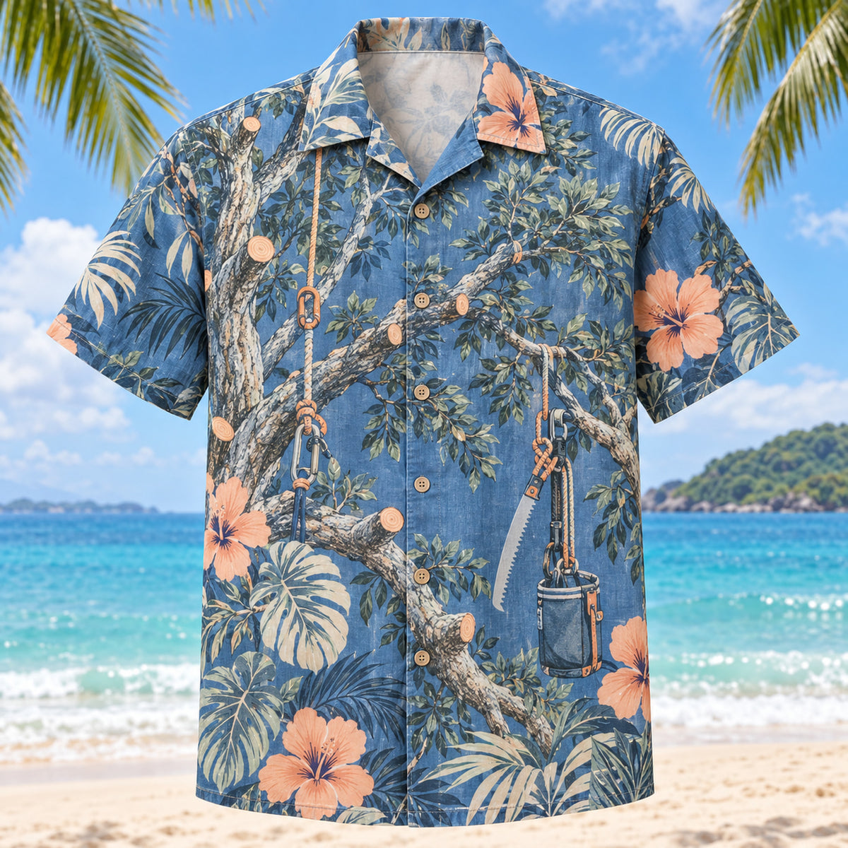 Front view of Trimmed Bough Arborist Hawaiian Shirt with original trimmed bough motifs, with tropical botanical accents; no text or branded equipment