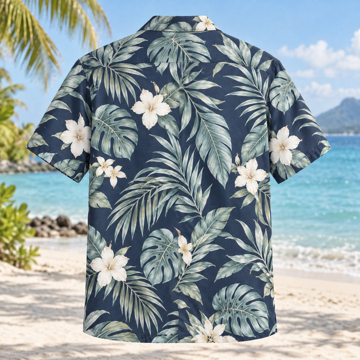 Back view of Tropical Formal Beach Wedding Hawaiian Shirt with matching artwork in navy, white, sea glass