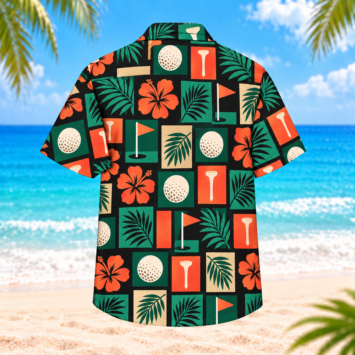 Back view of Tropical Golf Mosaic Hawaiian Shirt showing geometric tiles containing golf balls, tees, flags, hibiscus and palm leaves