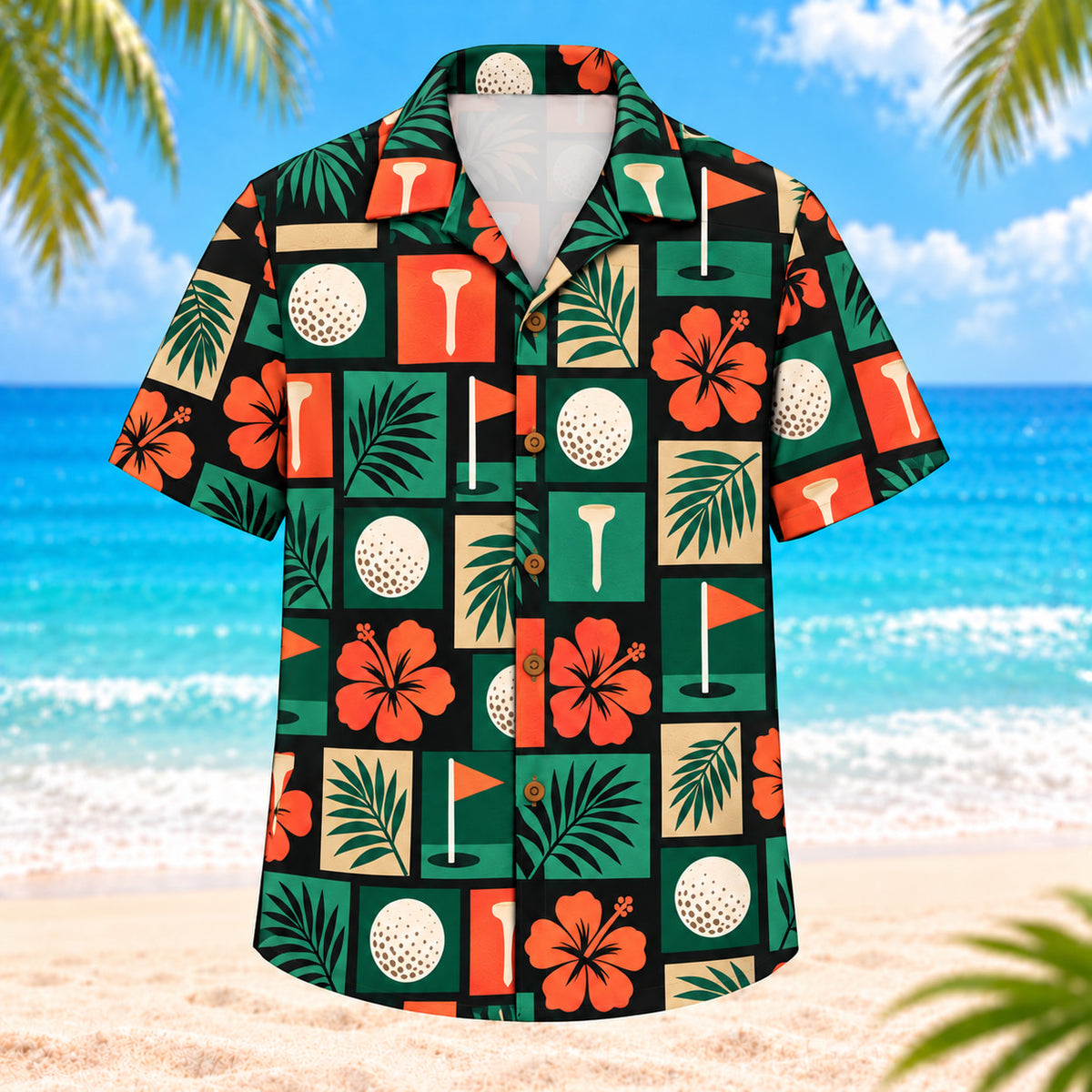 Front view of Tropical Golf Mosaic Hawaiian Shirt showing geometric tiles containing golf balls, tees, flags, hibiscus and palm leaves