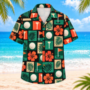 Front view of Tropical Golf Mosaic Hawaiian Shirt showing geometric tiles containing golf balls, tees, flags, hibiscus and palm leaves