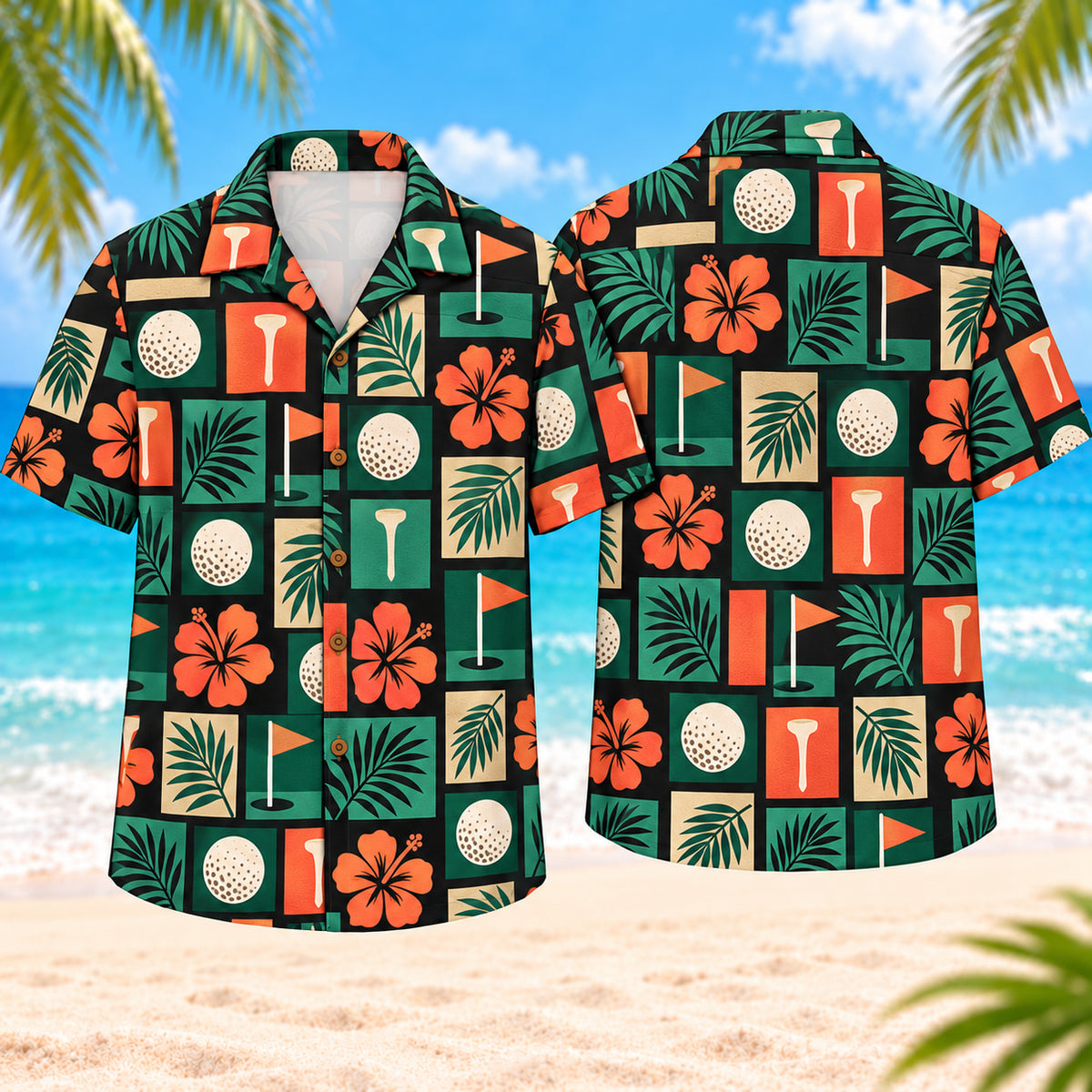 Tropical Golf Mosaic Hawaiian Shirt, front and back views on a beach background with geometric tiles containing golf balls, tees, flags, hibiscus and palm leaves