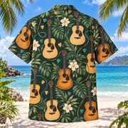 Back view of Tropical Guitar Grove Hawaiian Shirt with generic acoustic guitars, picks, soft cable curves, monstera leaves and hibiscus