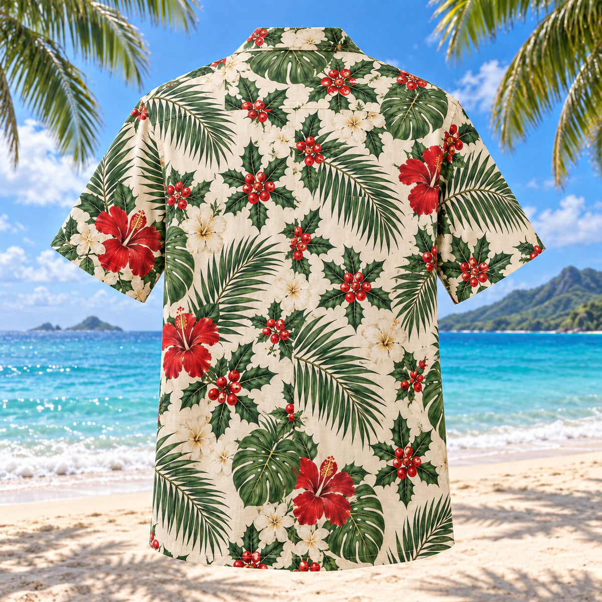 Back view of Tropical Holly Christmas Hawaiian Shirt with matching artwork in holly red, palm green, ivory