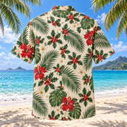 Back view of Tropical Holly Christmas Hawaiian Shirt with matching artwork in holly red, palm green, ivory