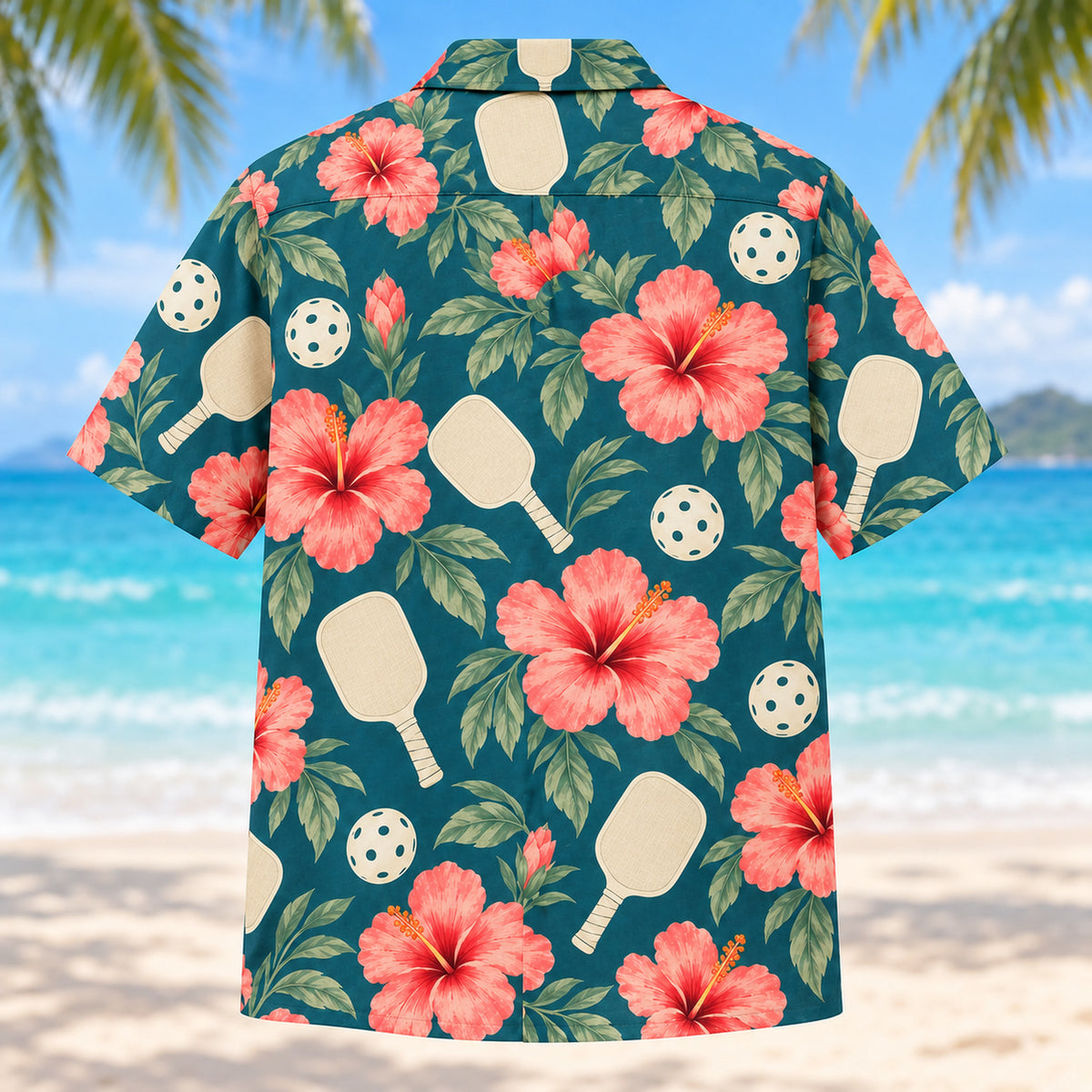 Back view of Tropical Paddle Blooms Pickleball Hawaiian Shirt with matching pickleball artwork in deep teal, coral pink, cream, sage