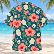 Back view of Tropical Paddle Blooms Pickleball Hawaiian Shirt with matching pickleball artwork in deep teal, coral pink, cream, sage