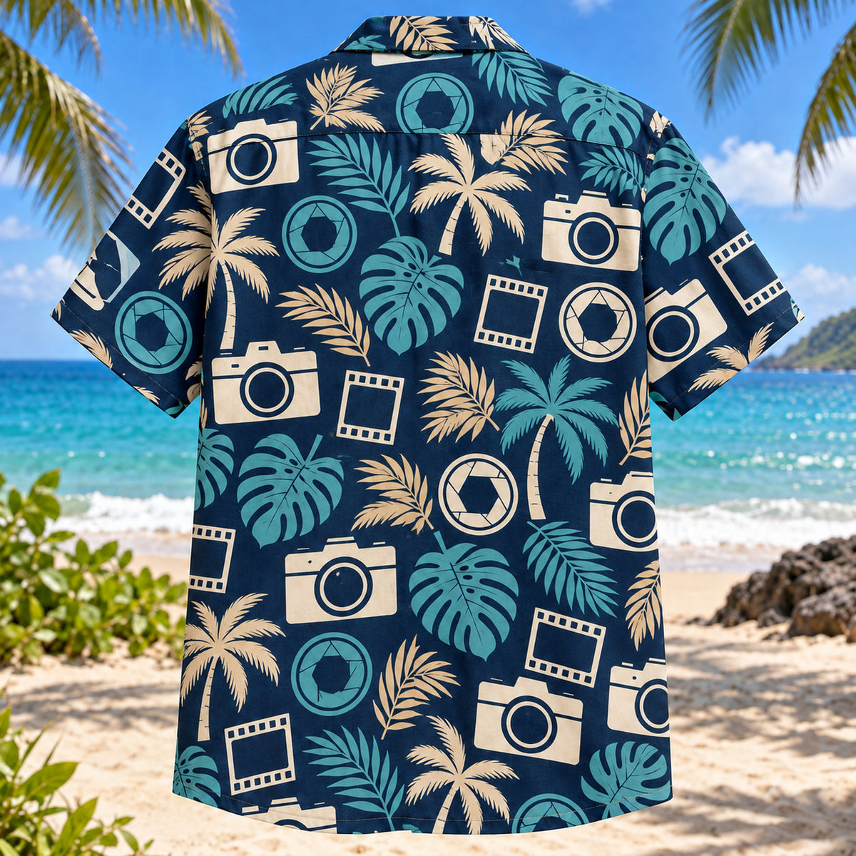 Back view of Tropical Photowalk Hawaiian Shirt with text-free generic camera silhouettes, aperture icons, empty film frames and palm leaves