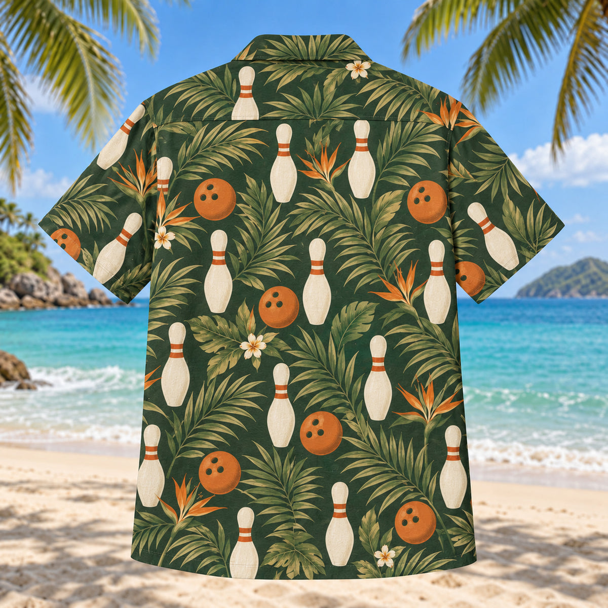 Back view of Tropical Tenpins Bowling Hawaiian Shirt with matching bowling artwork in forest green, warm ivory, muted orange