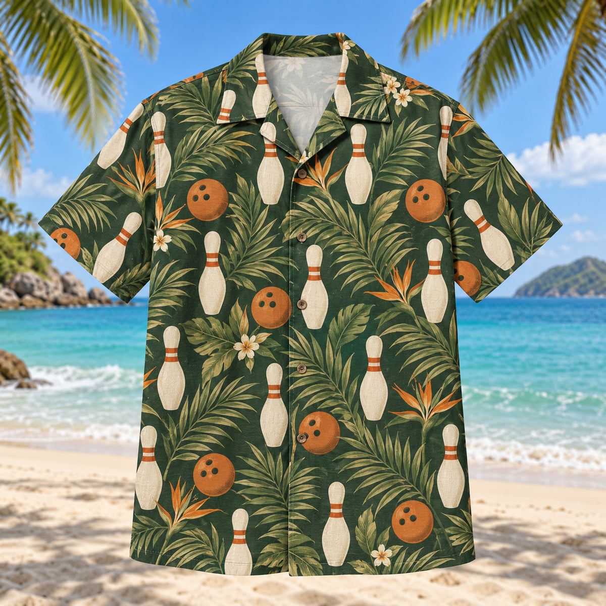 Front view of Tropical Tenpins Bowling Hawaiian Shirt with ten bowling pins in rhythmic rows, palm leaves and small three-hole bowling balls