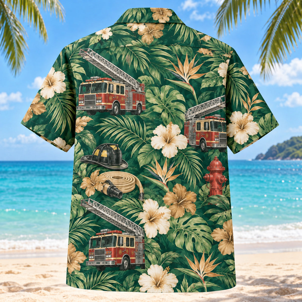 Back view of Truck Ladder Firefighter Hawaiian Shirt with matching artwork in emerald, tan, cream