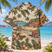 Back view of Truck Stop Truck Driver Hawaiian Shirt with matching artwork in olive, cream, terracotta