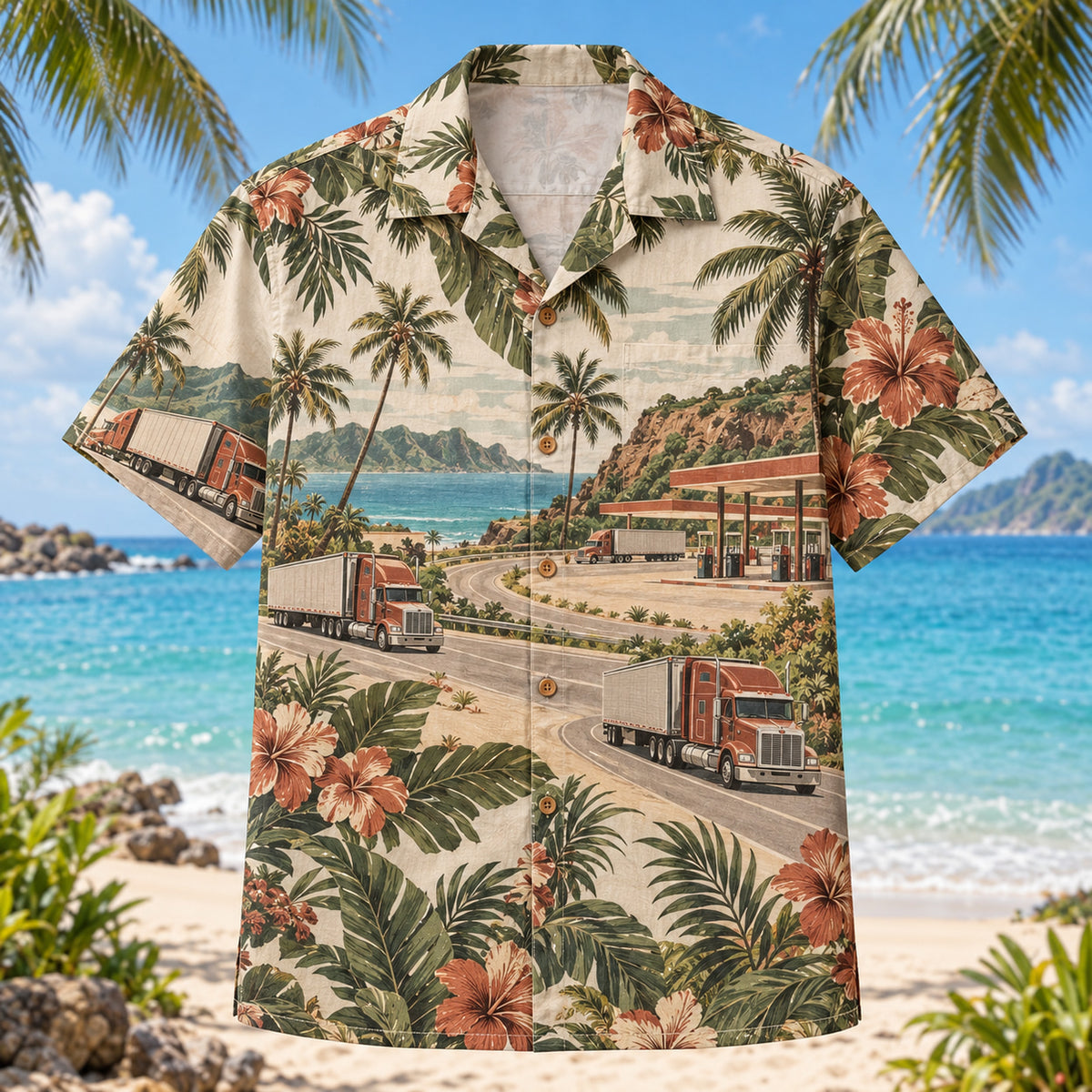 Front view of Truck Stop Truck Driver Hawaiian Shirt with original truck stop motifs, with tropical botanical accents; no text or branded equipment