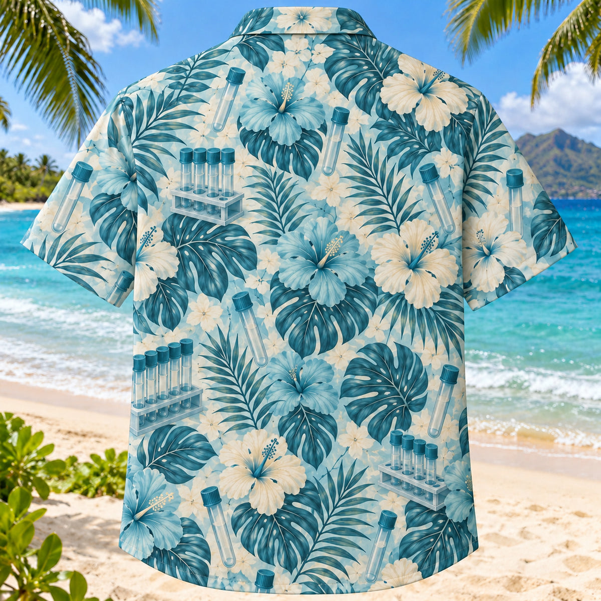 Back view of Tube Garden Aqua Sand Phlebotomist Hawaiian Shirt on a Hawaiian beach with fine white or light yellow sand and no dark rocks