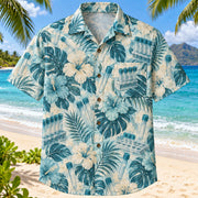 Front view of Tube Garden Aqua Sand Phlebotomist Hawaiian Shirt on a Hawaiian beach with fine white or light yellow sand and no dark rocks