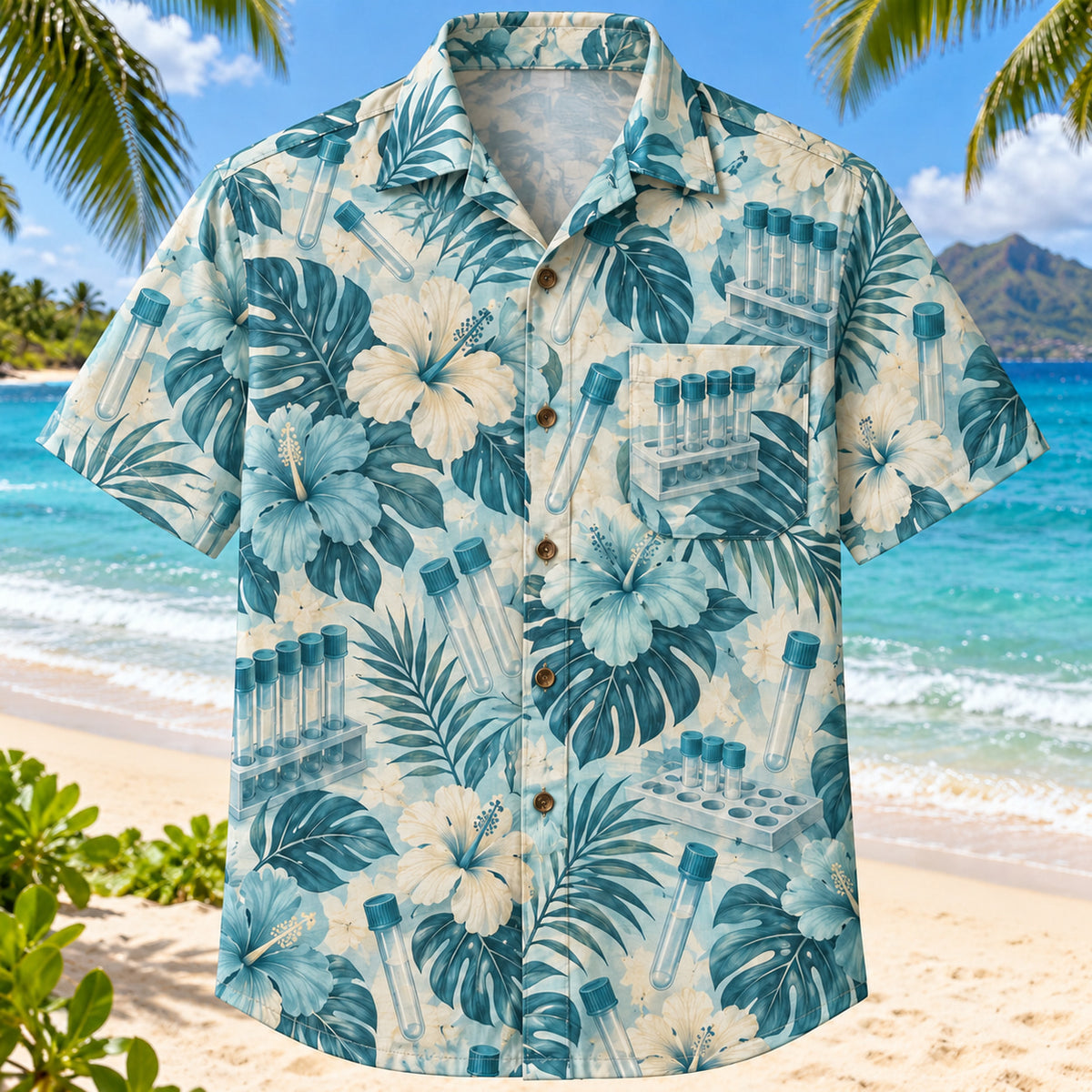 Front view of Tube Garden Aqua Sand Phlebotomist Hawaiian Shirt on a Hawaiian beach with fine white or light yellow sand and no dark rocks