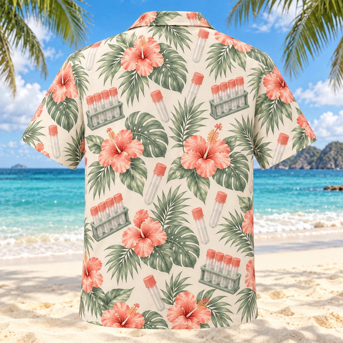 Back view of Tube Garden Coral Sage Phlebotomist Hawaiian Shirt with matching artwork in soft coral, sage, cream