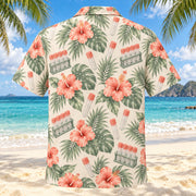 Back view of Tube Garden Coral Sage Phlebotomist Hawaiian Shirt with matching artwork in soft coral, sage, cream