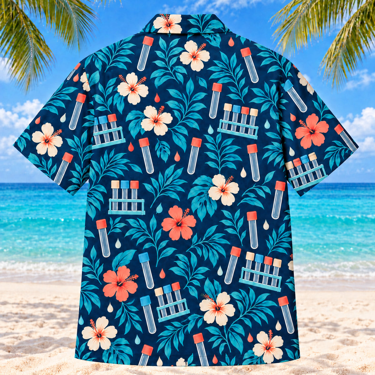 Back view of Tube Garden Navy Phlebotomist Hawaiian Shirt with matching artwork in navy, aqua, cream, coral