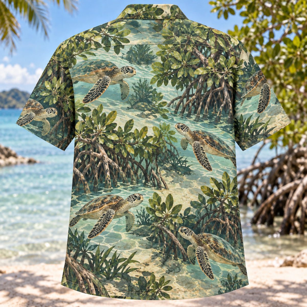 Back view of Turtle Mangrove Sea Turtle Hawaiian Shirt with matching artwork in forest, seafoam, tan