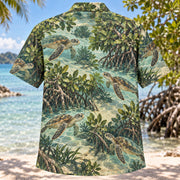 Back view of Turtle Mangrove Sea Turtle Hawaiian Shirt with matching artwork in forest, seafoam, tan