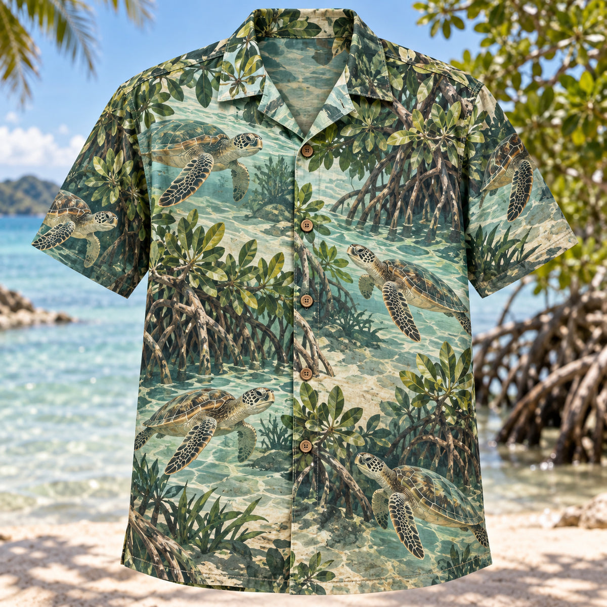 Front view of Turtle Mangrove Sea Turtle Hawaiian Shirt with sea turtles near mangrove roots and leafy shadows