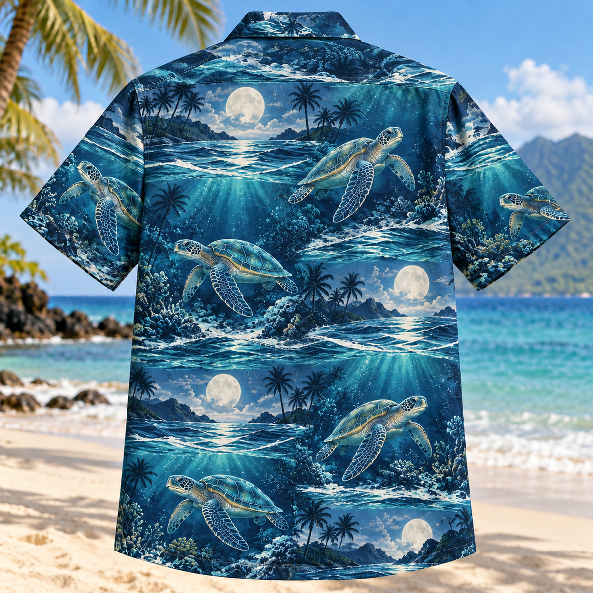 Back view of Turtle Moonlit Tide Sea Turtle Hawaiian Shirt with matching artwork in indigo, pearl, teal