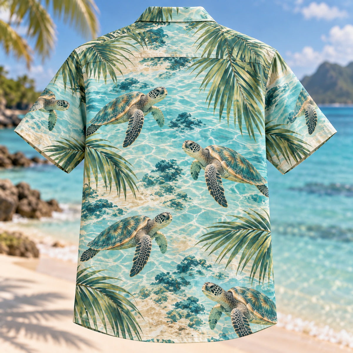 Back view of Turtle Palm Lagoon Sea Turtle Hawaiian Shirt with matching artwork in mint, sand, teal