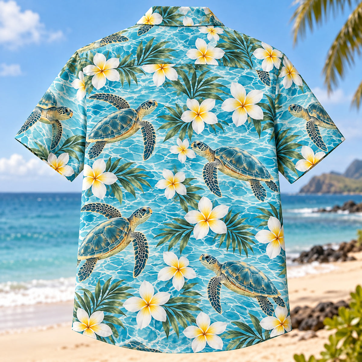 Back view of Turtle Plumeria Sea Turtle Hawaiian Shirt with matching artwork in aqua, white, yellow