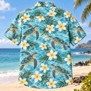 Back view of Turtle Plumeria Sea Turtle Hawaiian Shirt with matching artwork in aqua, white, yellow
