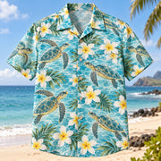Front view of Turtle Plumeria Sea Turtle Hawaiian Shirt with sea turtles among plumeria flowers and ocean ripples