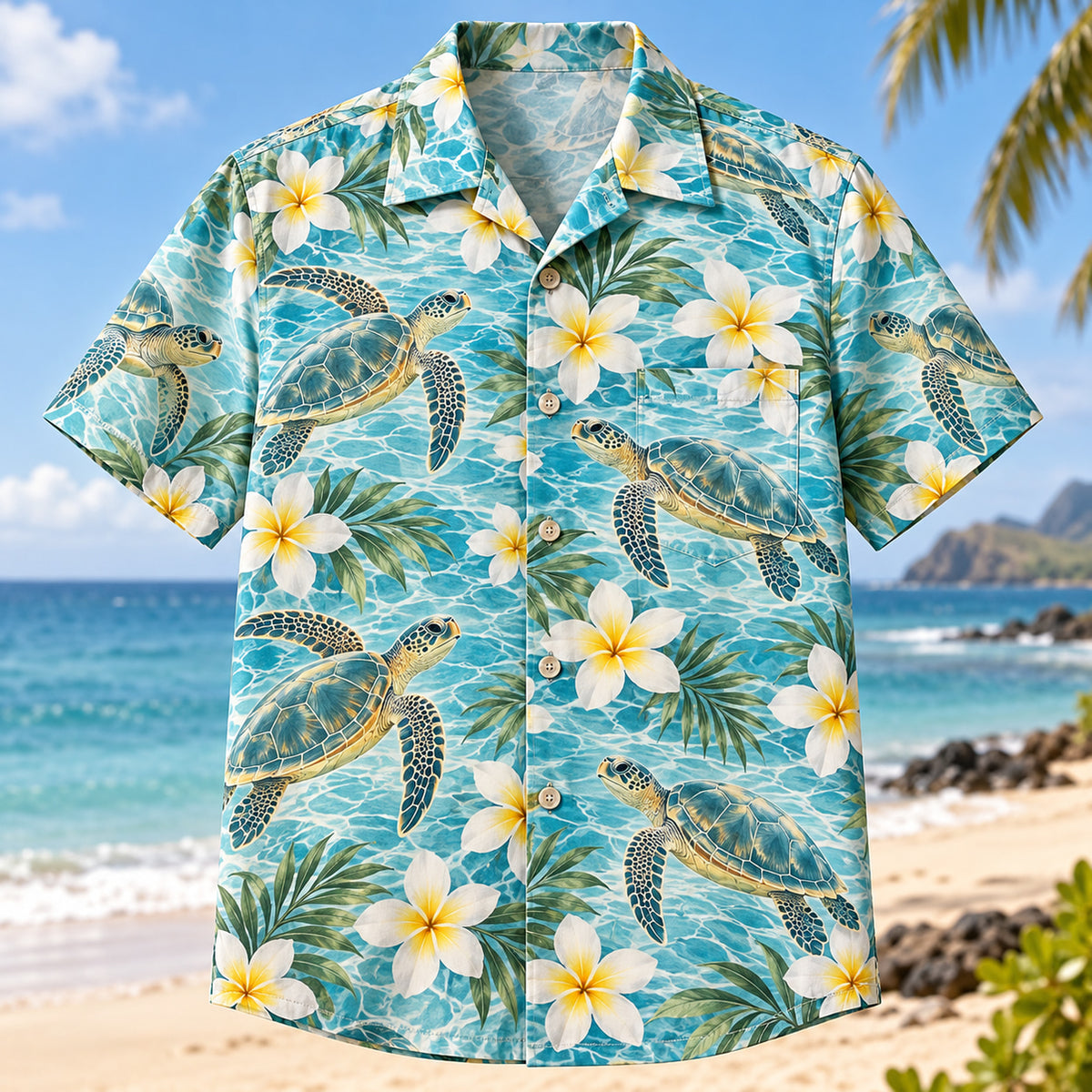 Front view of Turtle Plumeria Sea Turtle Hawaiian Shirt with sea turtles among plumeria flowers and ocean ripples