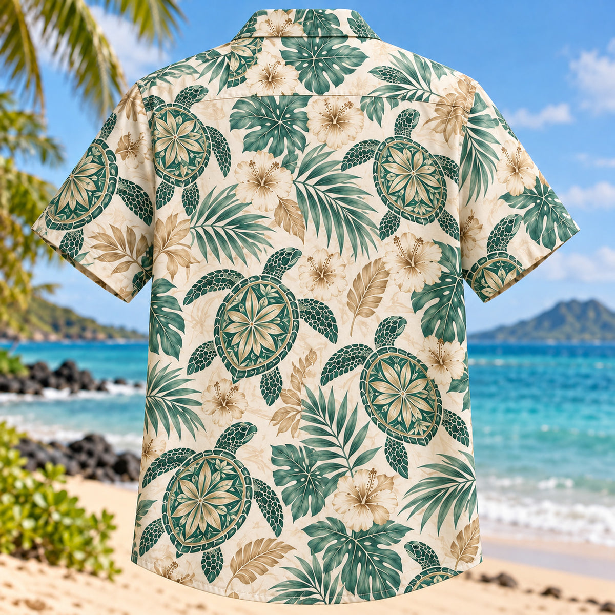 Back view of Turtle Shell Botanical Sea Turtle Hawaiian Shirt with matching artwork in jade, cream, tan