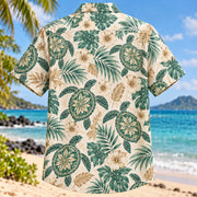 Back view of Turtle Shell Botanical Sea Turtle Hawaiian Shirt with matching artwork in jade, cream, tan