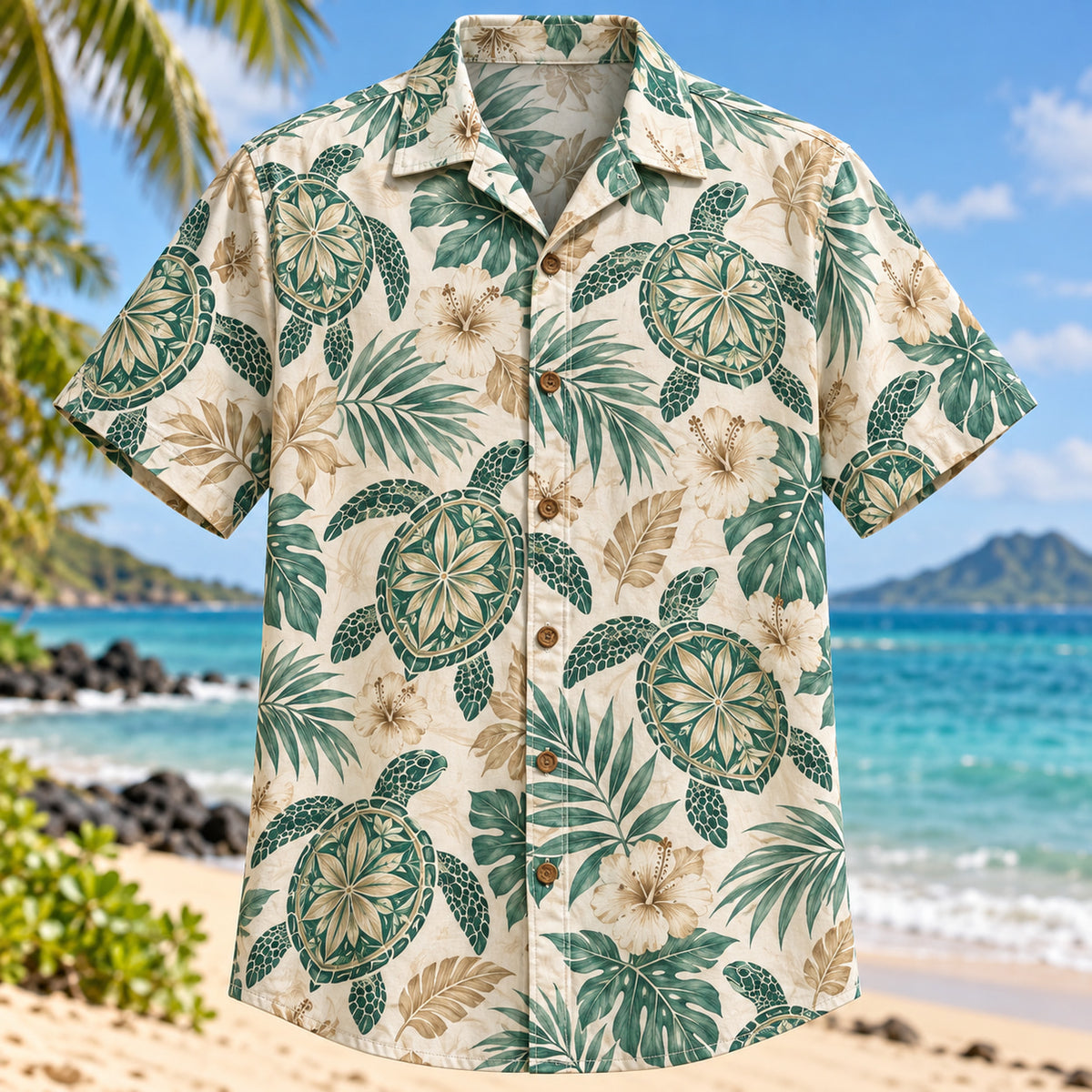 Front view of Turtle Shell Botanical Sea Turtle Hawaiian Shirt with sea turtle silhouettes with original botanical shell-inspired geometry