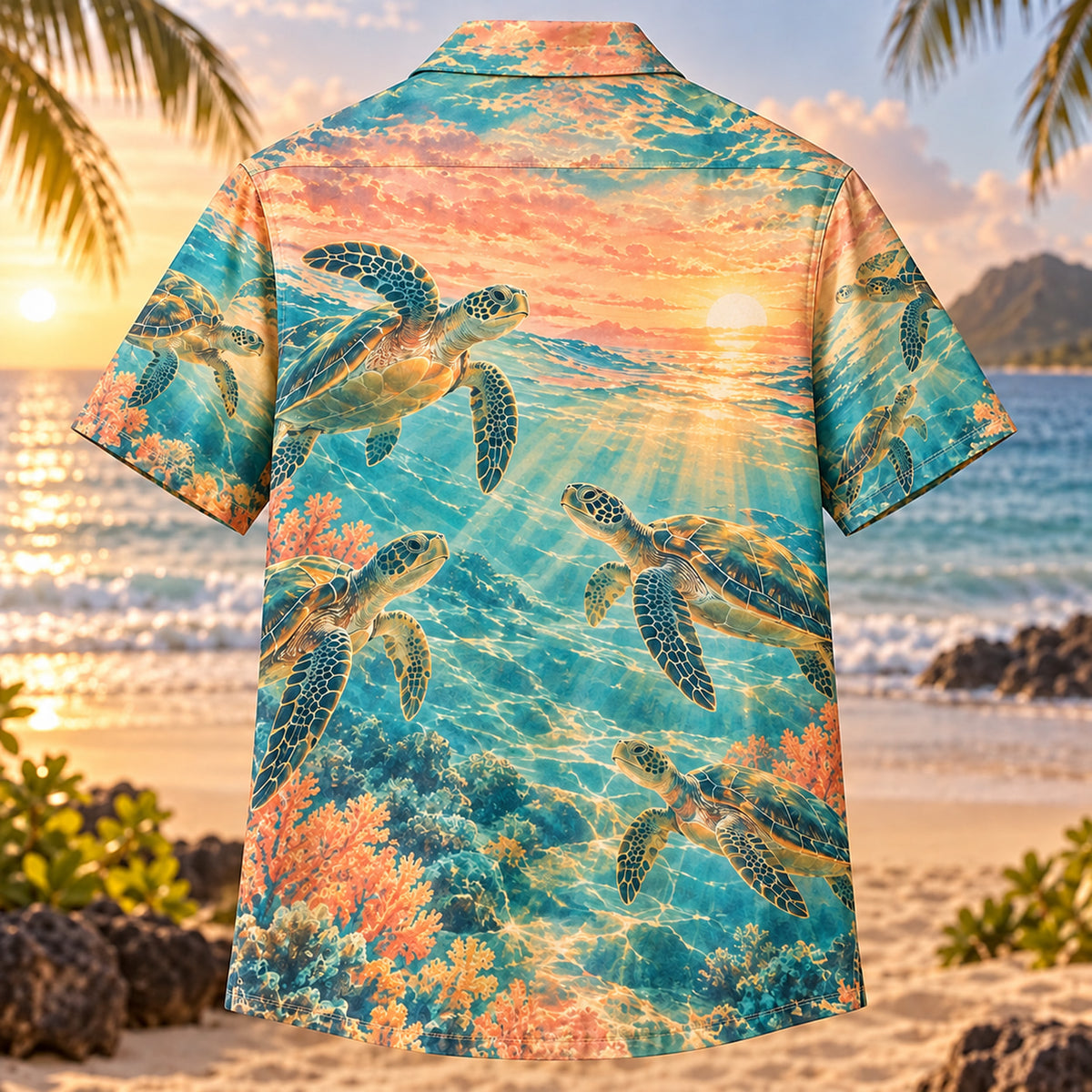 Back view of Turtle Sunrise Sea Turtle Hawaiian Shirt with matching artwork in peach, teal, gold