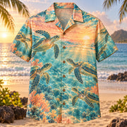Front view of Turtle Sunrise Sea Turtle Hawaiian Shirt with sea turtles swimming through sunrise light