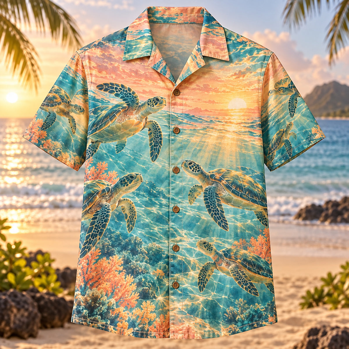Front view of Turtle Sunrise Sea Turtle Hawaiian Shirt with sea turtles swimming through sunrise light