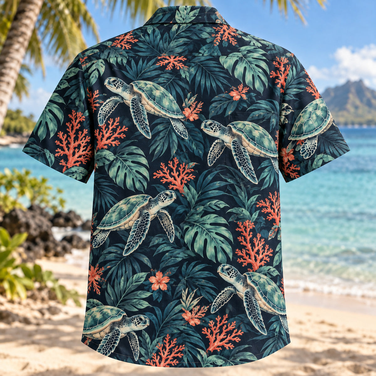 Back view of Turtle Tropical Night Sea Turtle Hawaiian Shirt with matching artwork in midnight, mint, coral