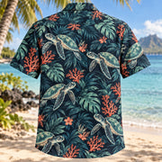 Back view of Turtle Tropical Night Sea Turtle Hawaiian Shirt with matching artwork in midnight, mint, coral