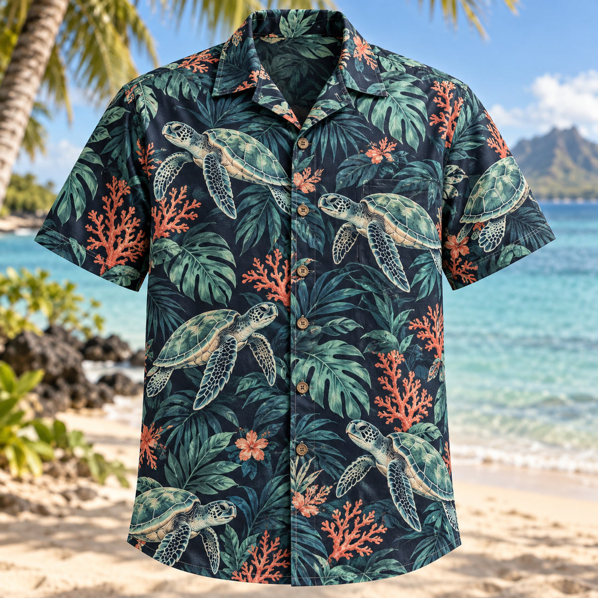 Front view of Turtle Tropical Night Sea Turtle Hawaiian Shirt with sea turtles among dark tropical leaves and coral details